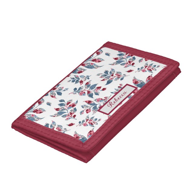 Burgundy Blue Floral Pattern Leaves-Personalized Trifold Wallet (Bottom)