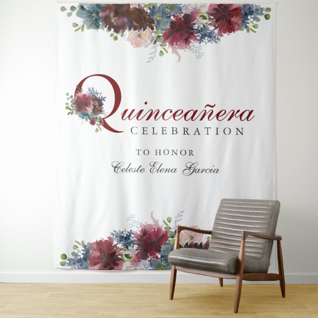 Burgundy Blue Floral Quinceanera Photo Backdrop (In Situ)