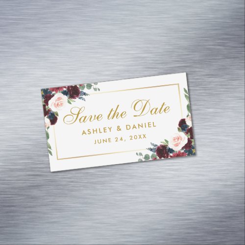 Burgundy Blue Floral Save The Date Mini Magnet