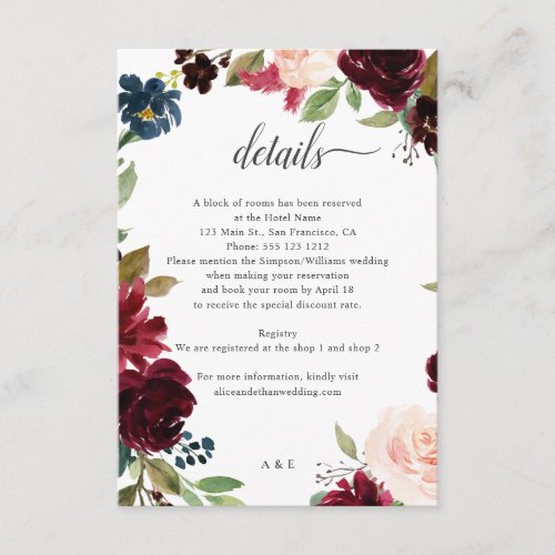Burgundy Blue Floral Script Wedding Details Enclosure Card