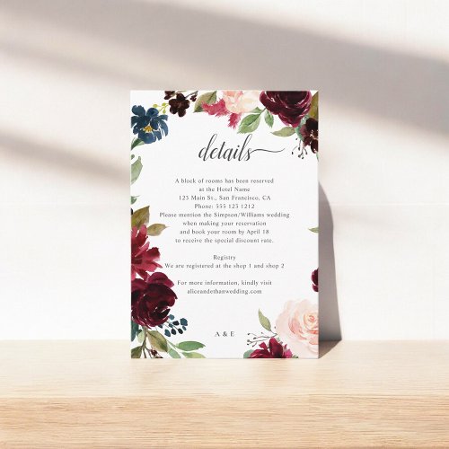 Burgundy Blue Floral Script Wedding Details Enclosure Card