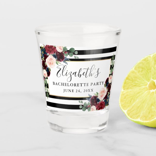 Burgundy Blue Floral Striped Bachelorette Party Shot Glass (Front)