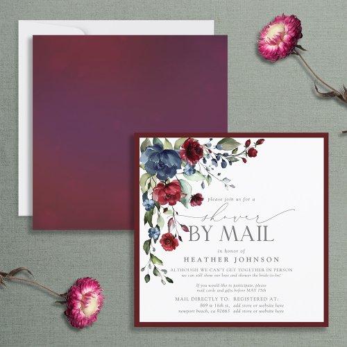 Burgundy Blue Floral Watercolor Bridal Shower Mail Invitation