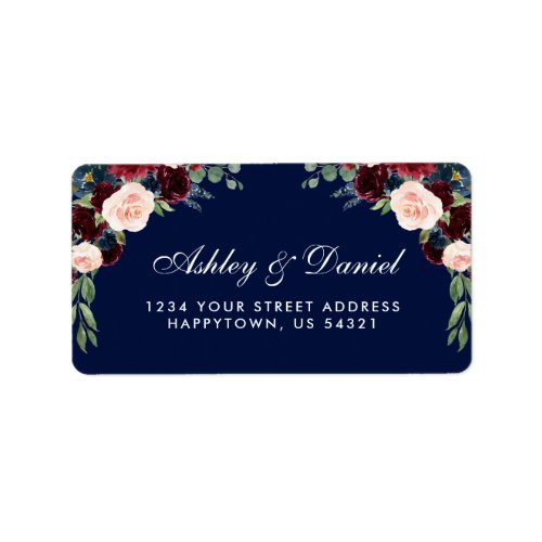 Burgundy Blue Floral Watercolor Wedding Address Label