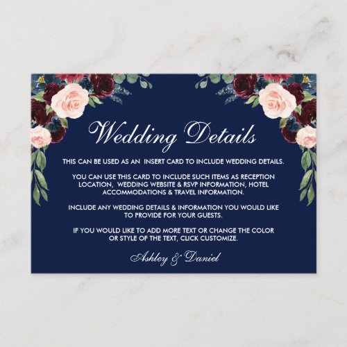Burgundy Blue Floral Wedding Details Insert Card