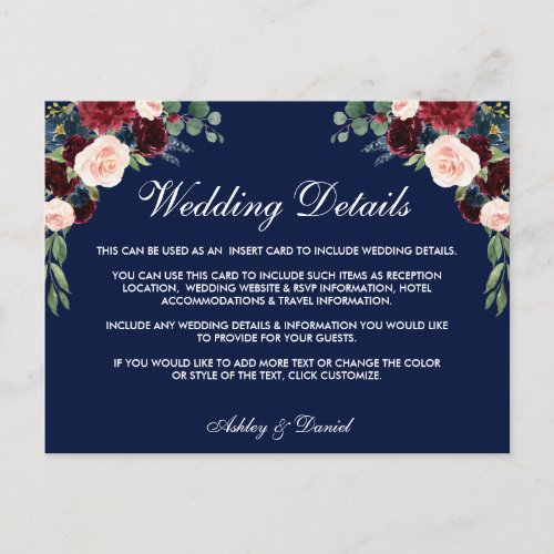 Burgundy Blue Floral Wedding Details Insert Card B
