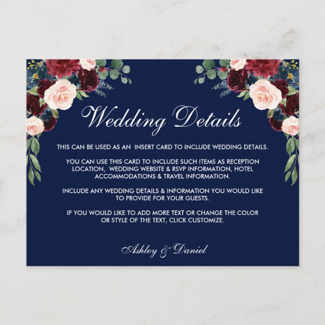 Burgundy Blue Floral Wedding Details Insert Card B (Front)