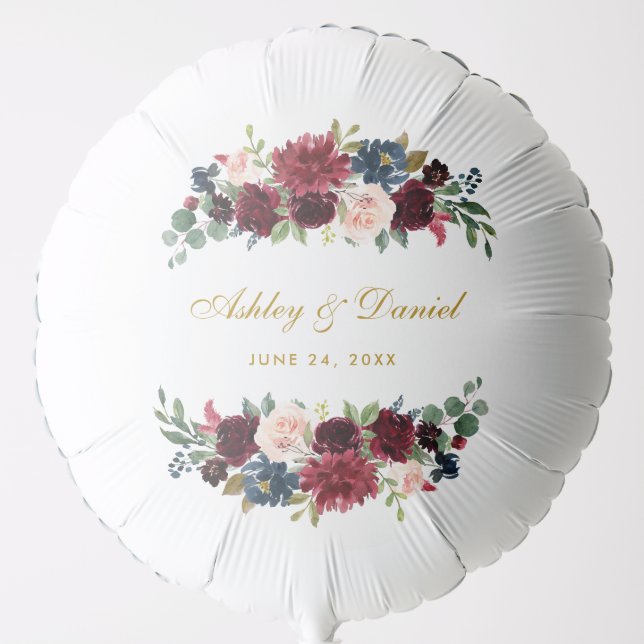 Burgundy Blue Floral Wedding Gold Names Date Balloon (Front)