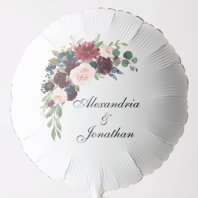 Burgundy Blue Floral Wedding Names Balloon (Front)