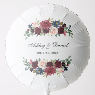 Burgundy Blue Floral Wedding Names Date Balloon
