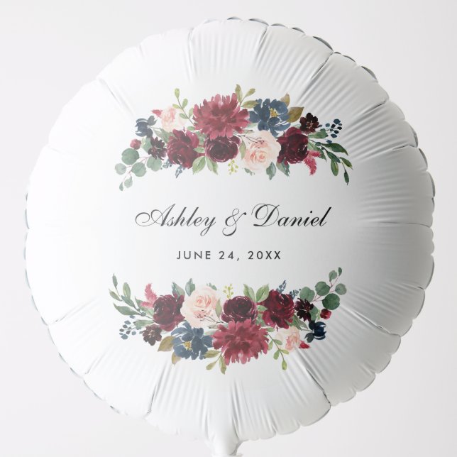 Burgundy Blue Floral Wedding Names Date Balloon (Front)