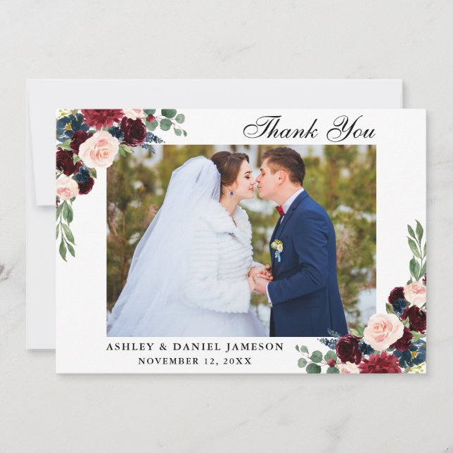 Burgundy Blue Floral Wedding Photo Thank You Card (Front)