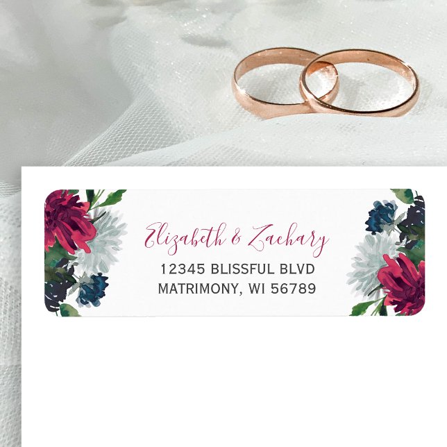 Burgundy Blue Floral Wedding Return Address Label (Creator Uploaded)