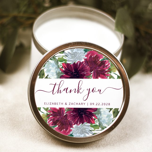 Burgundy Blue Floral Wedding Thank You Classic Round Sticker (Creator Uploaded)