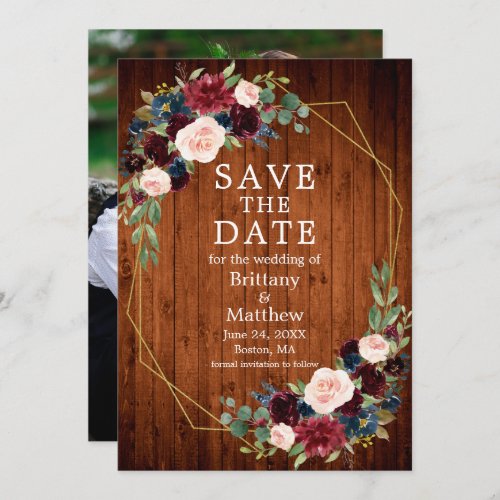 Burgundy Blue Floral Wood Geo Frame Photo Save The Date