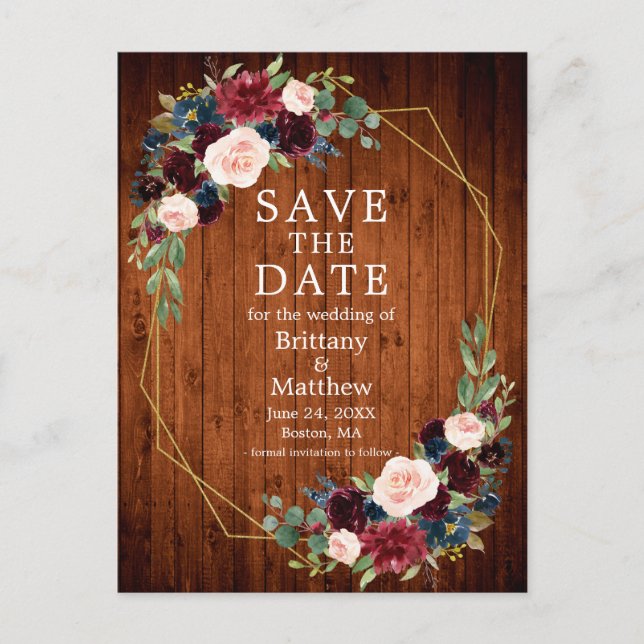 Burgundy Blue Floral Wood Geo Frame Save the Date Postcard (Front)
