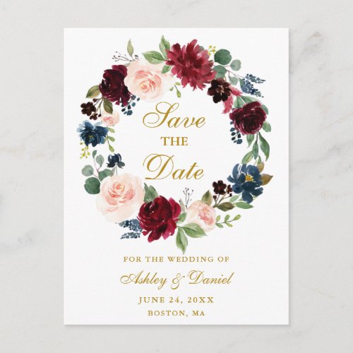 Burgundy Blue Floral Wreath Gold Save the Date Announcement Postcard