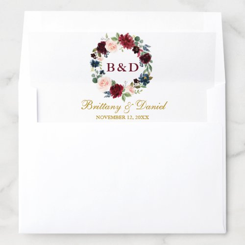 Burgundy Blue Floral Wreath Gold Wedding Envelope Liner