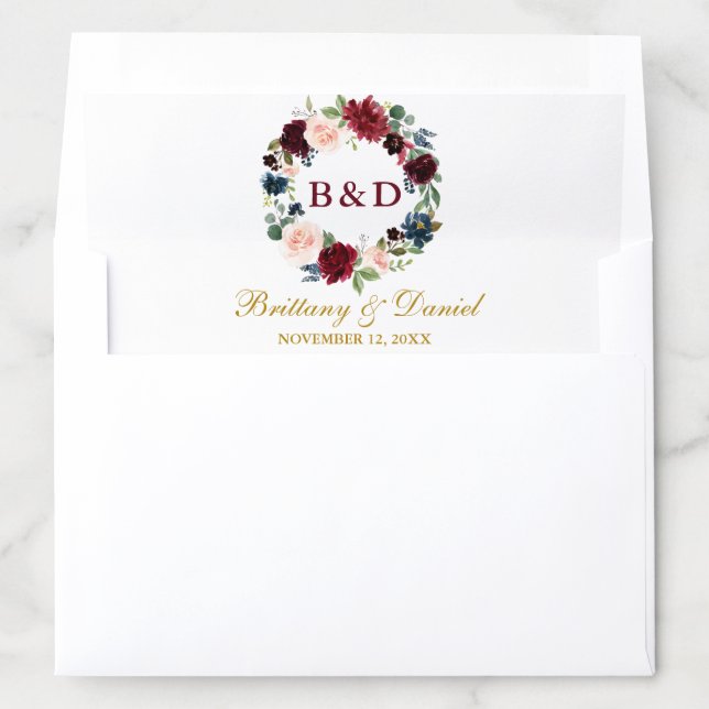 Burgundy Blue Floral Wreath Gold Wedding Envelope Liner (In Envelope)
