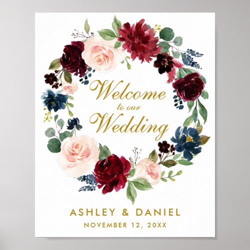 Burgundy Blue Floral Wreath Gold Wedding Welcome Poster