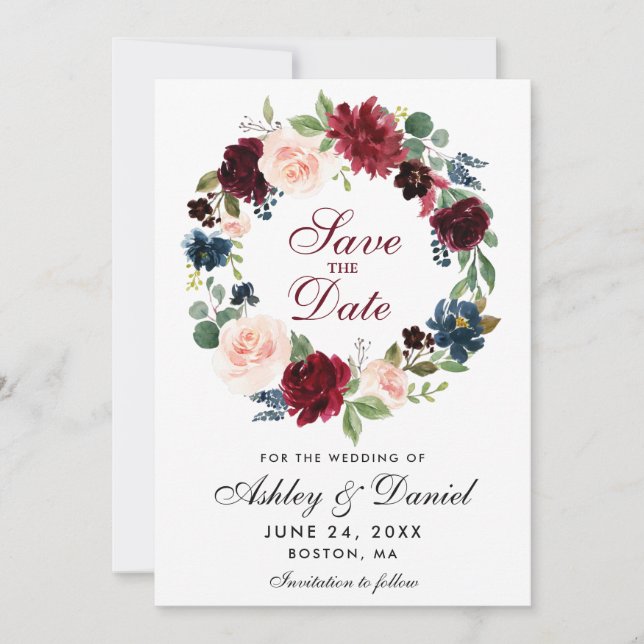 Burgundy Blue Floral Wreath Save The Date Card (Front)