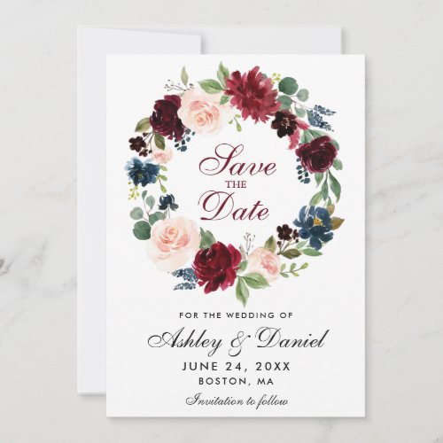 Burgundy Blue Floral Wreath Save The Date Card