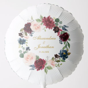 Burgundy Blue Floral Wreath Wedding Gold Names Balloon