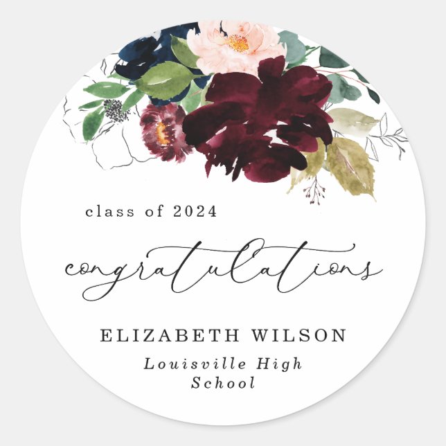 Burgundy Blue Florals Congratulations Graduation Classic Round Sticker (Front)
