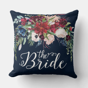 Burgundy & blue flowers bouquet, Bride typography Throw Pillow