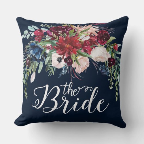 Burgundy  blue flowers bouquet Bride typography Throw Pillow