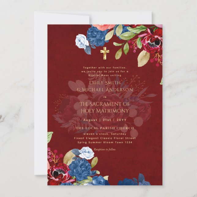 Burgundy Blue Flowers Catholic NuptialMass Wedding Invitation (Front)