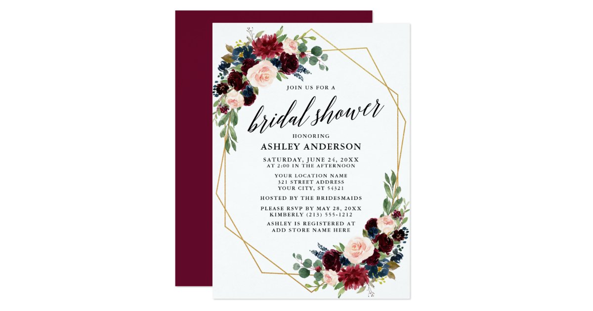 Burgundy Blue Geometric Gold Bridal Shower Invitation