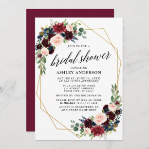 Burgundy Blue Geometric Gold Bridal Shower Invitation
