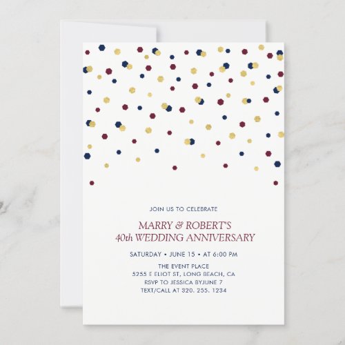 Burgundy Blue  Gold Confetti Wedding Anniversary Invitation