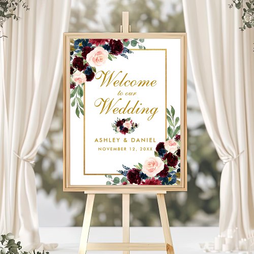 Burgundy Blue Gold Floral Wedding Welcome Poster