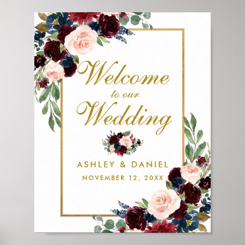 Burgundy Blue Gold Floral Wedding Welcome Poster