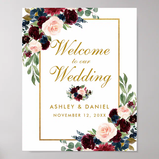 Burgundy Blue Gold Floral Wedding Welcome Poster | Zazzle