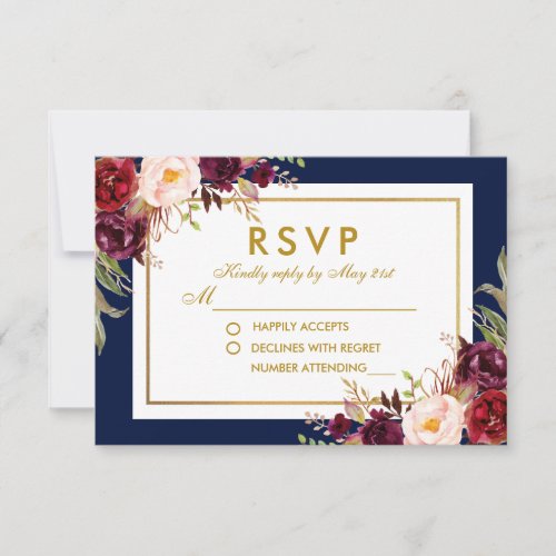 Burgundy Blue Gold Watercolor Floral Wedding RSVP