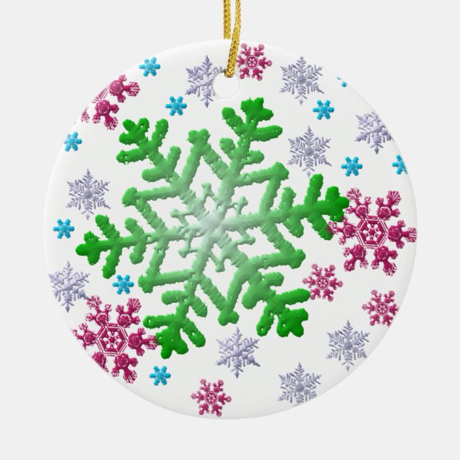 Burgundy Blue Green & Silver Snowflakes Ceramic Ornament (Front)