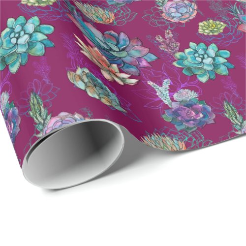  Burgundy Blue Green Succulent Pattern Wrapping Paper