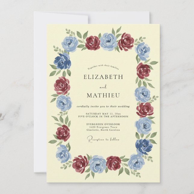 Burgundy Blue Lavish Romantic Wedding Invitation (Front)