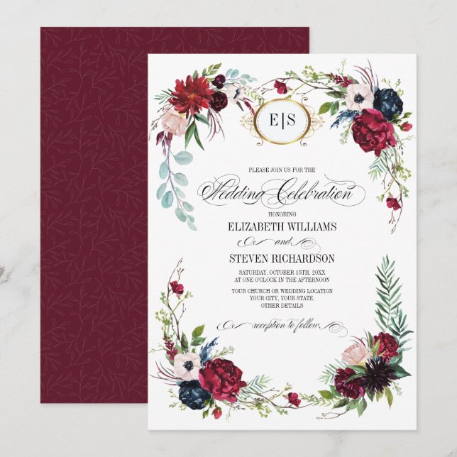 Burgundy | Blue |Marsala Floral Watercolor Wedding Invitation (Front/Back)