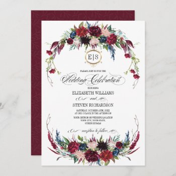Burgundy | Blue |marsala Floral Watercolor Wedding Invitation by YourWeddingDay at Zazzle