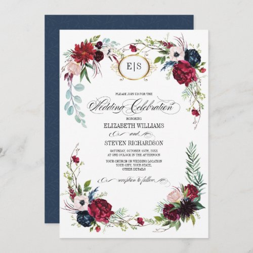 Burgundy  Blue Marsala Floral Watercolor Wedding Invitation