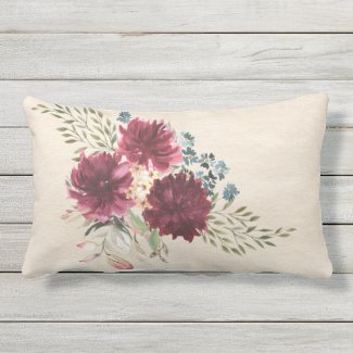 Burgundy, Blue, Peach Floral Outdoor Pillow