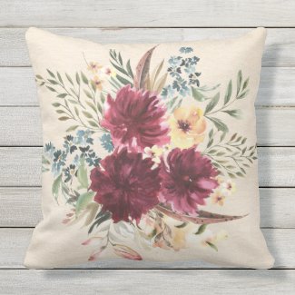 Burgundy, Blue, Peach Floral Outdoor Pillow 20x20