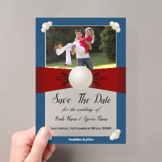 Burgundy & Blue Pearl Ribbon Photo Save The Date