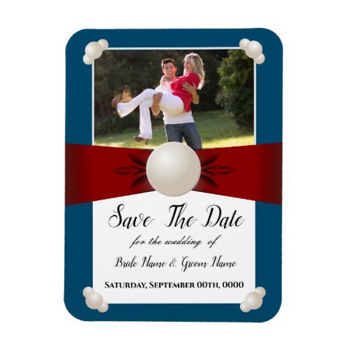Burgundy  Blue Pearl Ribbon Photo Save The Date Magnet