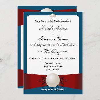 Burgundy & Blue Pearl Ribbon Wedding & Reception  Invitation by SoaringDreams at Zazzle