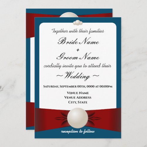 Burgundy  Blue Pearl Ribbon Wedding  Reception  Invitation